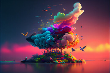 Sky filled with floating islands made of clouds and rainbow-colored birds.