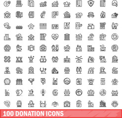 Sticker - 100 donation icons set. Outline illustration of 100 donation icons vector set isolated on white background