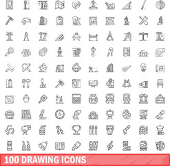 Sticker - 100 drawing icons set. Outline illustration of 100 drawing icons vector set isolated on white background
