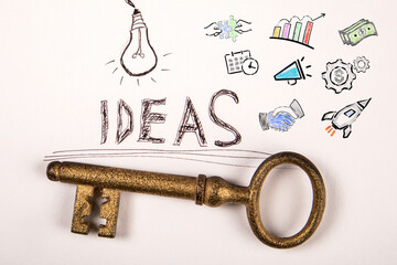 Wall Mural - ideas concept. key, text and icons on a white background