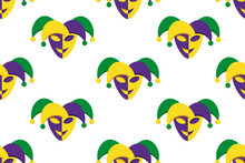 Seamless Pattern With Mardi Gras Mask On White Background. Endless Colorful Carnival Backdrop. Parsley And Harlequin Mask. 