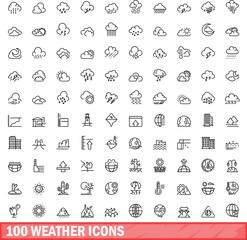 Wall Mural - 100 weather icons set. outline illustration of 100 weather icons vector set isolated on white backgr