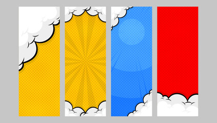 Cartoon design colored standing banners. Comic book illustration backgrounds. Vector comics backdrop.