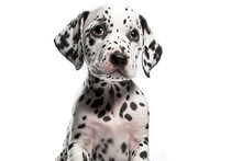 Dalmatian. Cute Puppy Sit And Looking. Portrait Close-up Of A Black And White Dog  Isolated On A White Background. Digital Art Painting
