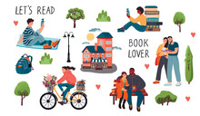 Collection Of People Reading Books In The Park. Hand Written Quotes, Bookstore,girl On A Bike,couple On A Bench, Backpack, Flowers, Lantern, Trees.Cartoon Vector Flat Clip Art Set On White Background.