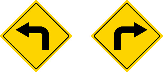 Turn right yellow road sign on isolated background. Vector illustration.