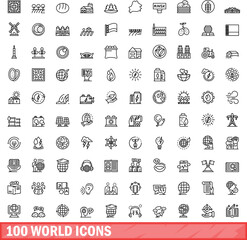 Poster - 100 world icons set. Outline illustration of 100 world icons vector set isolated on white background