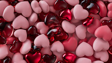 Multicolored Heart Background. Valentine Wallpaper With Pink, Red Glass And Red Metallic Love Hearts. 3D Render 