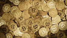 Bitcoin Cryptocurrency Represented As Gold Coins. Decentralized Banking Wallpaper. 3D Render.