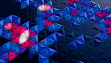 Illuminated, Blue And Pink Abstract Surface With Tetrahedrons. Modern, Neon 3d Background.