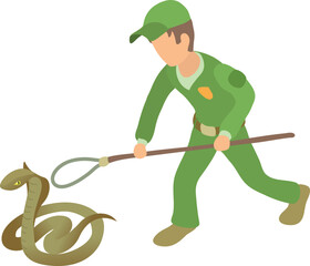 King cobra icon isometric vector. Young man in green uniform near big cobra icon. Reptile capture, herpetology