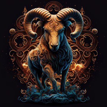 Stunning illustration of ornate Aries, Zodiac sign. Generative art