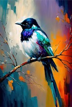 
Magpie On A Branch, Pop Art, Birds, Animals, Canvas Print, Colorful Painting