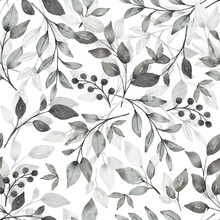 Seamless Paper, Grey Leaves Pattern, Digital Wallpaper. Watercolor Painting. Perfectly For Wrap, Fabric, Textile Design.