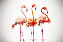 Beautiful Pink Flamingos Stand On Long Legs In Water, Heads Raised High On Thin Necks