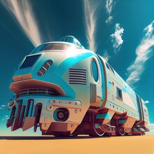 Anime Futuristic Transport Train With Beautiful Blue Sky Background. Generative AI