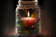 Illuminated By A Warm Glow, An Aroma Candle Stands Elegantly Within A Glass Jar, Decked Out For The Festivities Of Christmas.
