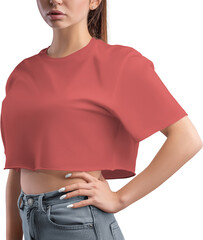 Mockup of a red crop top on a girl's body, png, canvas bella, side