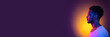 © Lustre Art Group  - Horizontal banner with portrait of young african man over background in neon light. Beauty, fashion, youth concept.