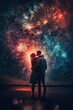 © sakkmesterke - Young couple silhouette in love and fireworks at night, Generative AI