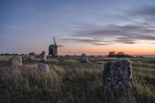 Sweden, Oland, Gettlinge, Old Burial Ground With Windmill In Background