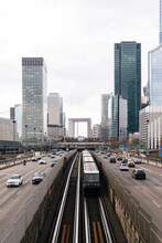 France, Ile-de-France, Paris, City Traffic With Skyscrapers Of La Defense District In Background