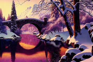 Wall Mural - Romantic winter landscape with mountains, forest and bridge over a river in beautiful light (Generative AI)