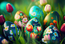 Beautiful Traditionally Decorated Easter Eggs In Grass And Tulips As Easter Background Illustration (Generative AI)