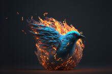 Blue Twitter Bird Burning, Downfall, Fall From Grace - AI Generated