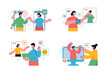 © Andrey - Video chatting set concept with people scene in the flat cartoon design. Friends communicates with each others and tell interesting stories via video chat. Vector illustration.