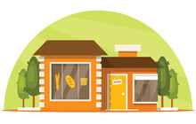 Bakery Shop On The Background Of Decorative Trees Growing Around The Building. Vector Illustration