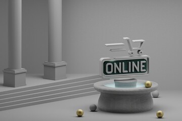 Poster - Beautiful abstract illustrations smartphone Online Shopping cart symbol icon on a fountain and column background. 3d rendering illustration. Online Shopping.