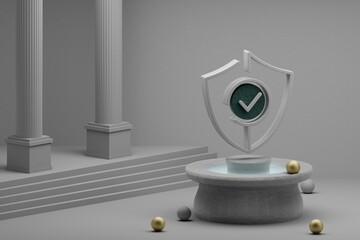Fototapete - Beautiful abstract illustrations Security Shield symbol icon on a fountain and column background. 3d rendering illustration. Online Shopping.