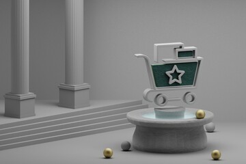 Aufkleber - Beautiful abstract illustrations Shopping Cart And Star symbol icon on a fountain and column background. 3d rendering illustration. Online Shopping.