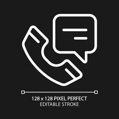 Sticker - Cell phone with speech bubble pixel perfect white linear icon for dark theme. Handset with chat balloon. Communication. Thin line illustration. Isolated symbol for night mode. Editable stroke