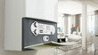 Combi boiler on the wall with contemporary living room view. 3D illustration