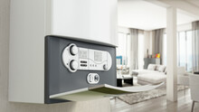 Combi Boiler On The Wall With Contemporary Living Room View. 3D Illustration