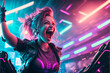 Female eSports gamer rejoices in the victory in Neon game room background with generative AI