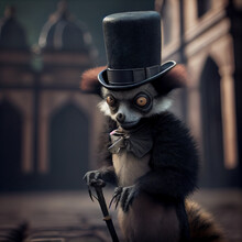 Evil Lemur Wearing A Top Hat And A Cane, Standing In A Court,