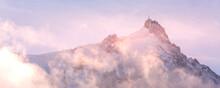 French Alps, Aiguille Du Midi, Chamonix Mont-Blanc, France. Fantastic Evening Snow Mountains Landscape Banner Background