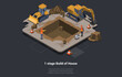 Concept Of House Building Stages And Foundation Work. Engineers, Architects And Workers Are Digging Foundation Pit Using Excavator According To Construction Project. Isometric 3D Vector Illustration