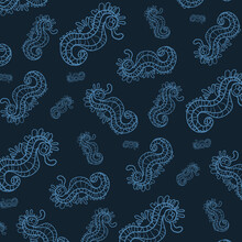 Watercolor-blue Seamless Pattern With Seahorses, Sea Background.