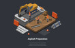 Road Works, Construction Industry And Asphalt Paving. Men Workers Laying Pipes, Making Asphalt Preparations Using Heavy Asphalting Machinery And Excavator. Isometric 3d Cartoon Vector Illustration