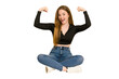 © Asier - Young redhead woman sitting on the floor cut out isolated smiling happy and confident, touching chin with hand.
