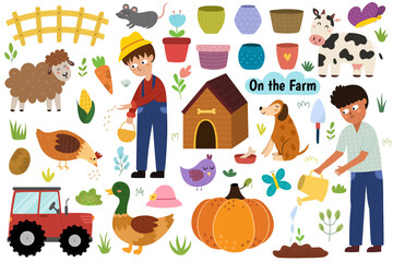 Wall Mural - On the farm set with cute animals and kids farmers. Countryside life elements in cartoon style. Boy watering plant, sheep, cow, dog, duck, tractor and gardening graphic collection. Vector illustration