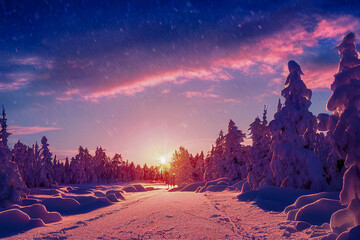 Wall Mural - winter landscape with sunset in the forest, Generative AI Illustration 02