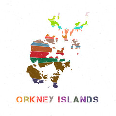 Orkney Islands map design. Shape of the island with beautiful geometric waves and grunge texture. Captivating vector illustration.