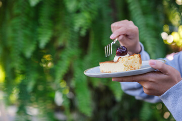 Wall Mural - Closeup image of a woman holding and eating cheesecake with fork