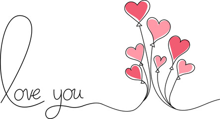Wall Mural - Postcard design for Valentine's Day. Linear hearts. The inscription I love you with hearts and balloons on a transparent background. Love concept. PNG image