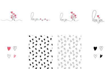 Wall Mural - Set of 8 happy Valentine's Day set of simple cards, banners or backgrounds with heart frame and pattern in modern flat style for decor, greetings, packaging, print. PNG image